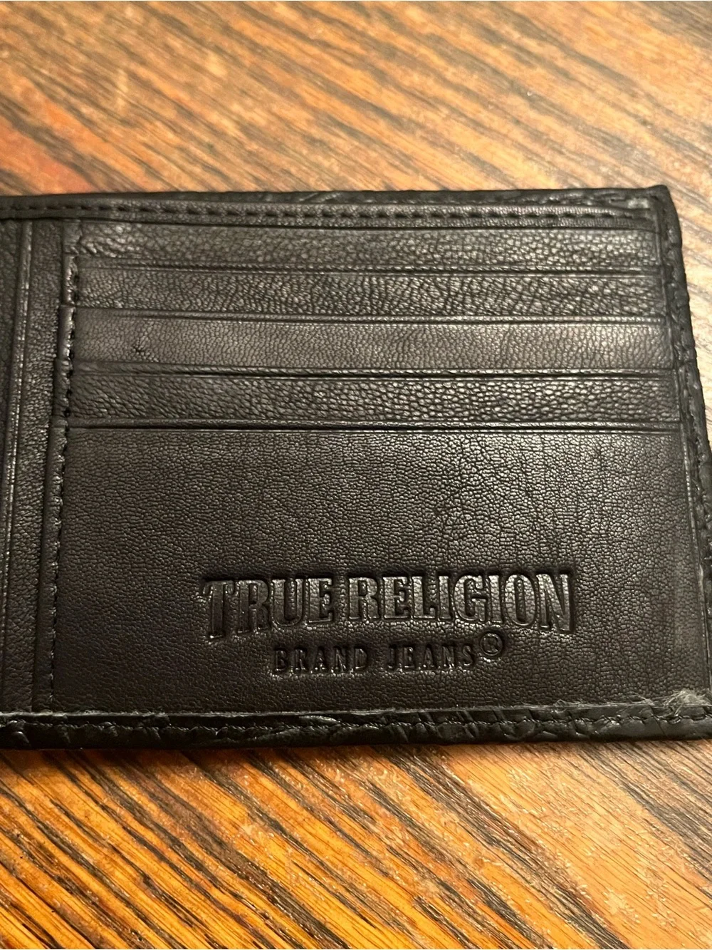 True Religion Black Embossed Leather Bifold Card Holder